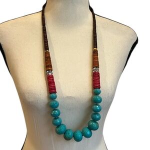 Loft Blue &  Brown Long Beaded Necklace 34” boho casual festival faux turquoise